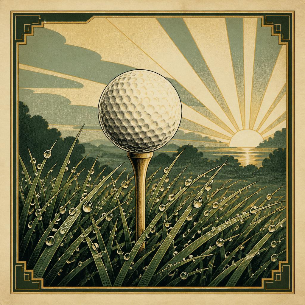 A solitary golf ball on a tee, surrounded by dew-jeweled blades of grass at first light.