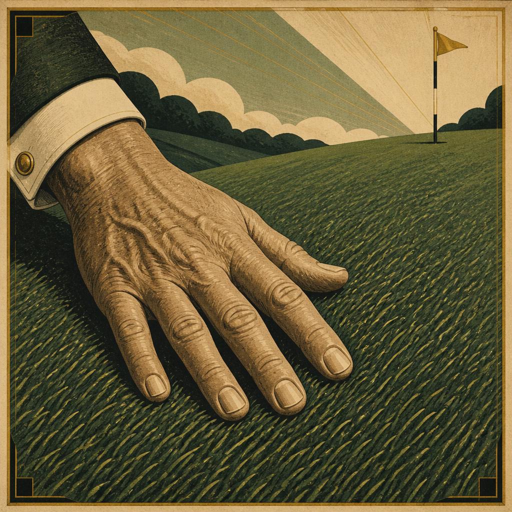 A weathered hand laid flat on the green, reading the grain toward a distant flag.