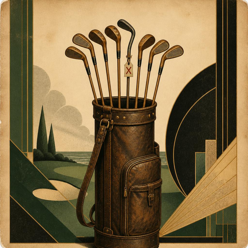 An Art Deco golf bag of irons with one club tagged with a red X — the club you'd never carry.